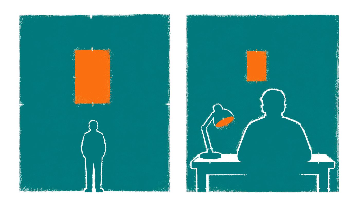 A lit window at night seen twice: from the street, where an observer judges the room, and from the table inside, where the person who lives there looks out.