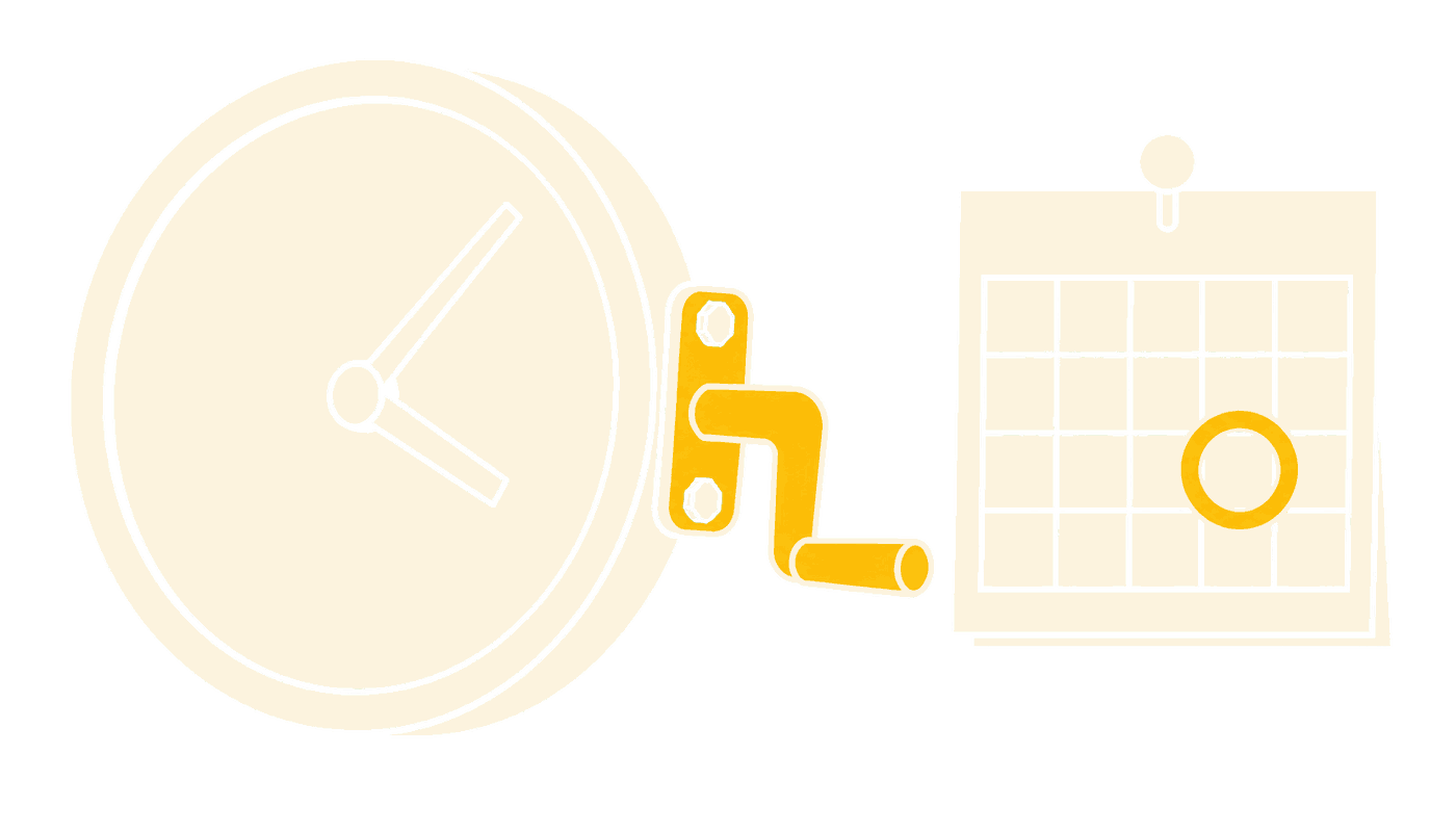 A plain clock face with no numerals, its hands forced round by a crank bolted to the side, beside a calendar with one date ringed: the schedule kept running after its reason had gone