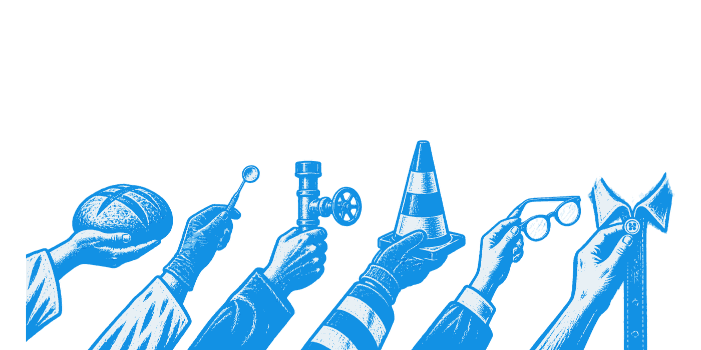 Six hands in a row: a baker’s with a loaf, a dentist’s with a mirror, a plumber’s with a valve, a road worker’s with a cone, an optician’s with glasses, and a bare hand at a collar doing up one button.