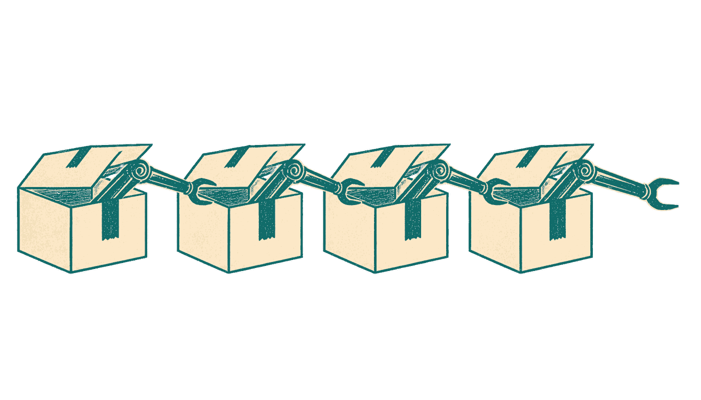 Four identical parcels, each with the same mechanical arm reaching out of it to prise open the next, and the last arm reaching toward nothing