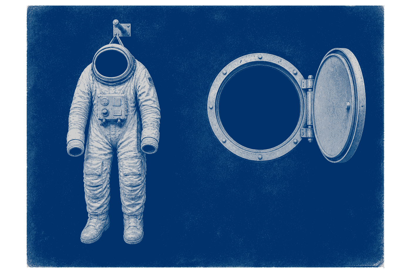 An empty pressure suit hanging slack beside an open hatch onto plain darkness: leaving the school was entering airless space without a space suit