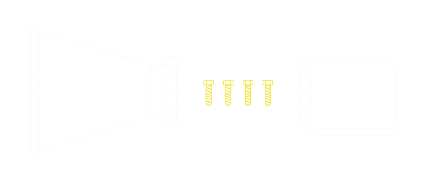 The funnel and the house drawn as one assembly, flanges aligned and four bolts laid out in the gap between them, uninstalled: the machine his letter and his school describe has never once been built whole