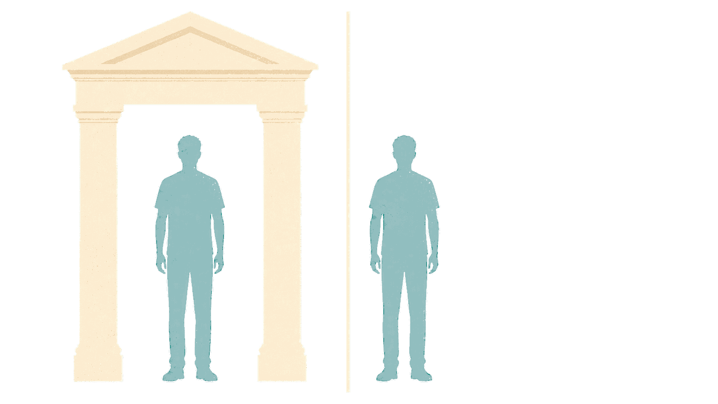 The applicant admitted and the applicant refused are, in expectation, the same person: one identical silhouette inside the doorway and one outside it, separated by a single line