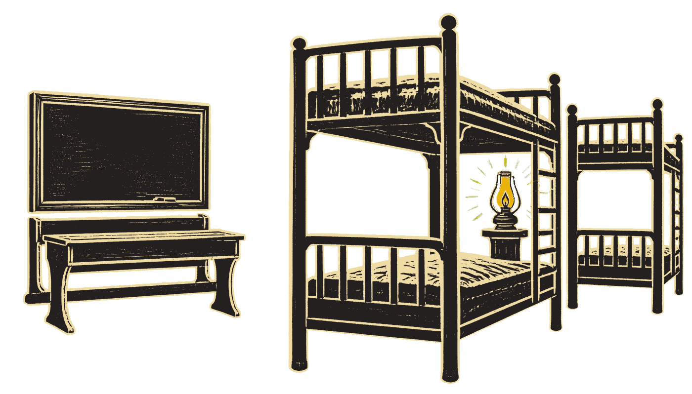 An empty lecture bench and its blackboard drawn thin and ghostly beside two solid iron bunks and a lit lamp: the classroom was the school’s theatre and the dormitory was its mechanism