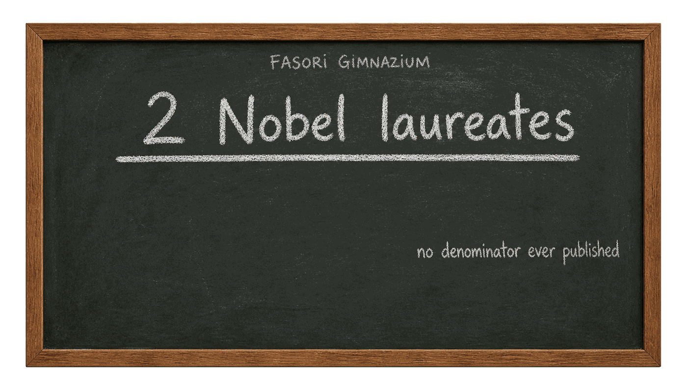 Two Nobel laureates over a fraction bar with nothing beneath it: Budapest’s most famous school has never published the enrolment figure that would turn its numerator into a rate
