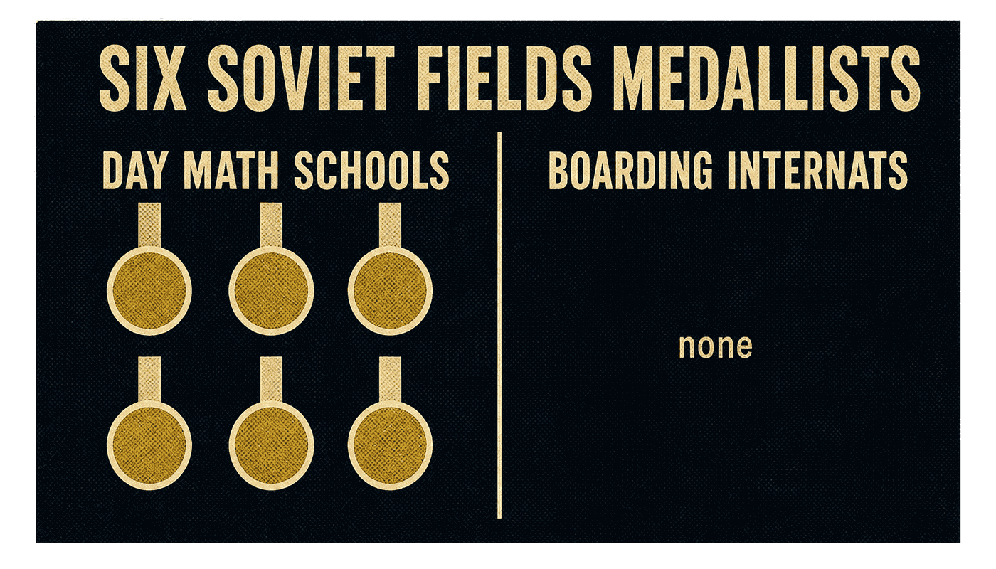 All six Soviet Fields medallists came from day mathematics schools and none from the boarding internats, the counter-data this design has to weigh hardest