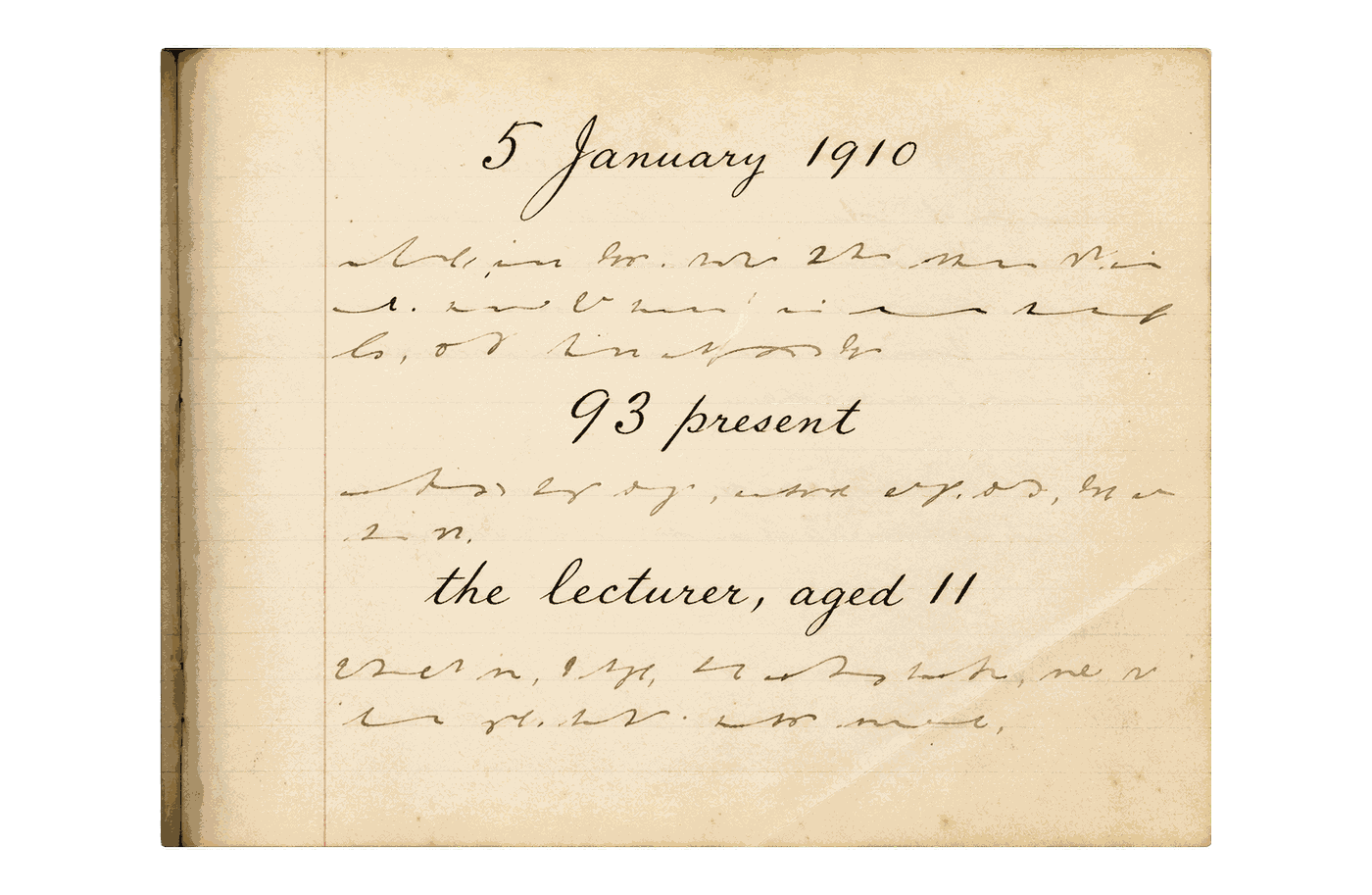 A page of 1910 minutes recording ninety-three present and a lecturer aged eleven: a child was billed to a room of adults before he could consent to the promise made on his behalf