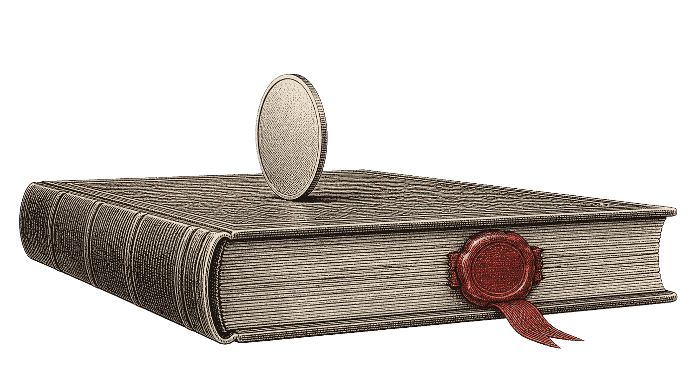A blank coin balanced on its edge on a ledger sealed shut with wax: randomise the admission margin, register the outcomes before the first cohort, and let the result be checked decades later