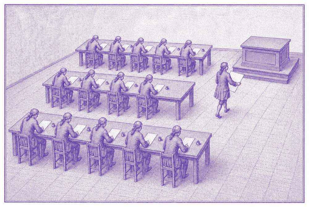 The third section at work in the 1790s: rows of computers at long tables, worksheets arriving from the tier above, nothing on any desk but addition and subtraction.