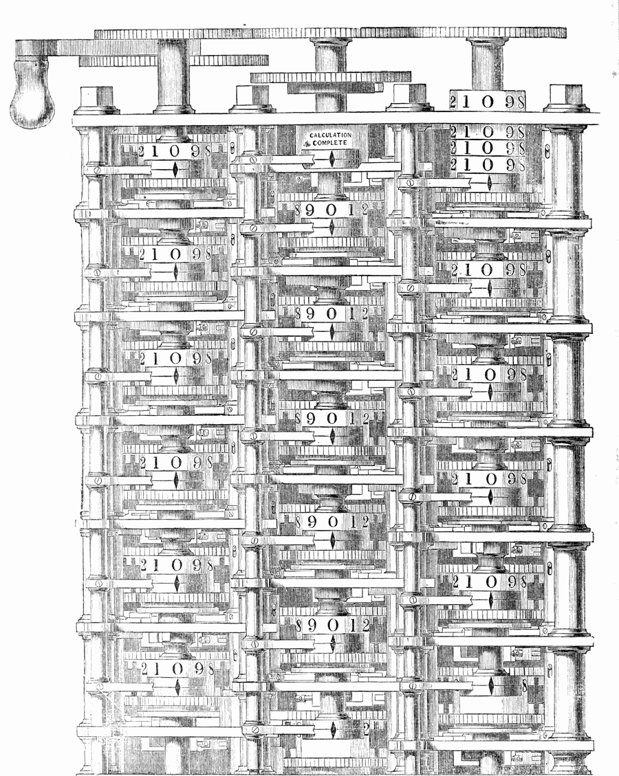 A portion of Babbage’s difference engine, the machine he stated in print would be a substitute for the whole of the third section of computers. Woodcut after a drawing by Benjamin Herschel Babbage, 1853, public domain.