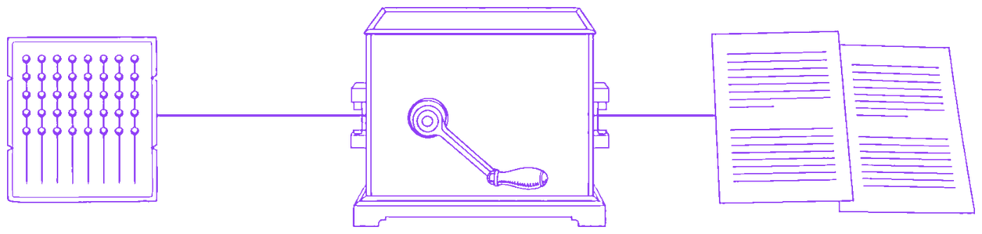 A card of pins goes in and ruled pages come out of one crank machine: the same production line, two centuries apart.