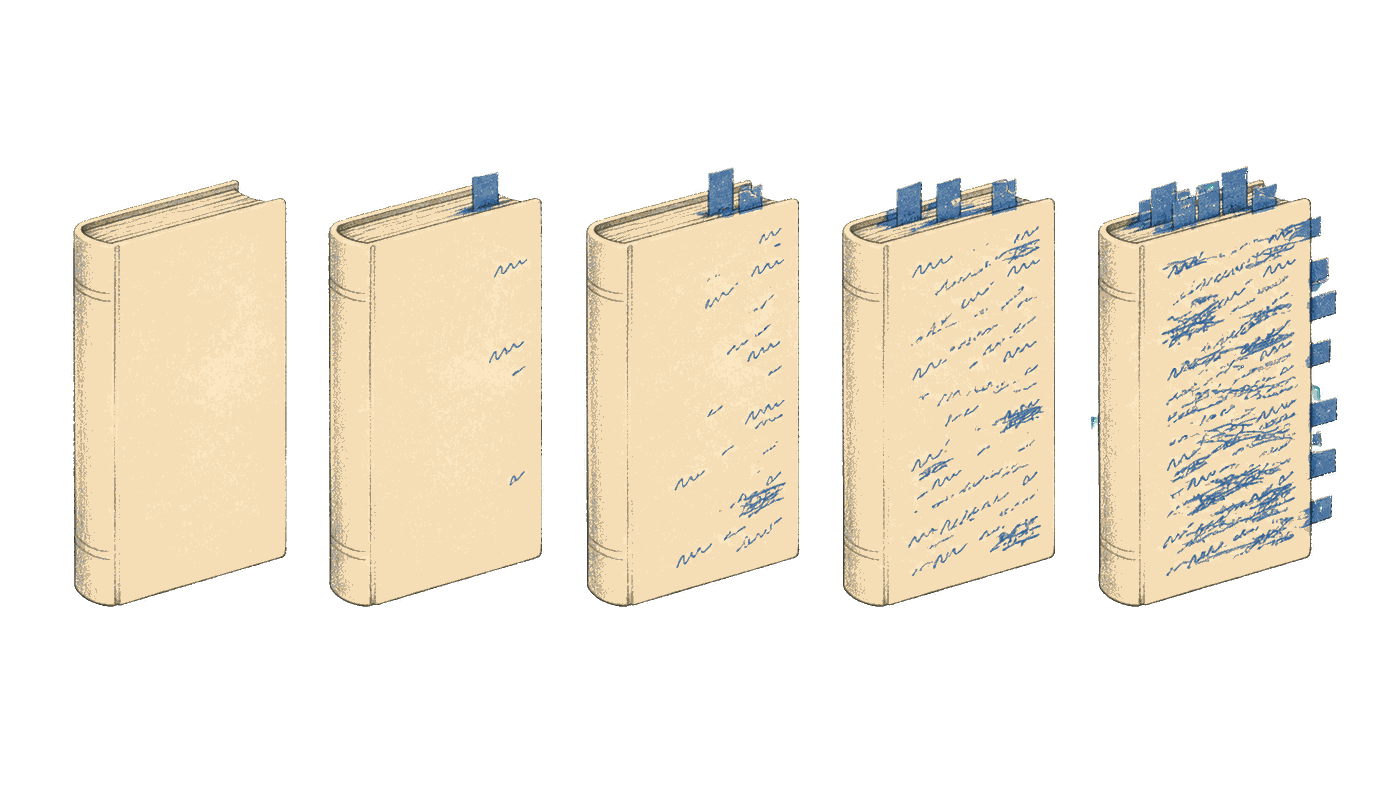 The same book five times over, each copy carrying more correction than the last, the final one dense with crossings-out and inserted slips